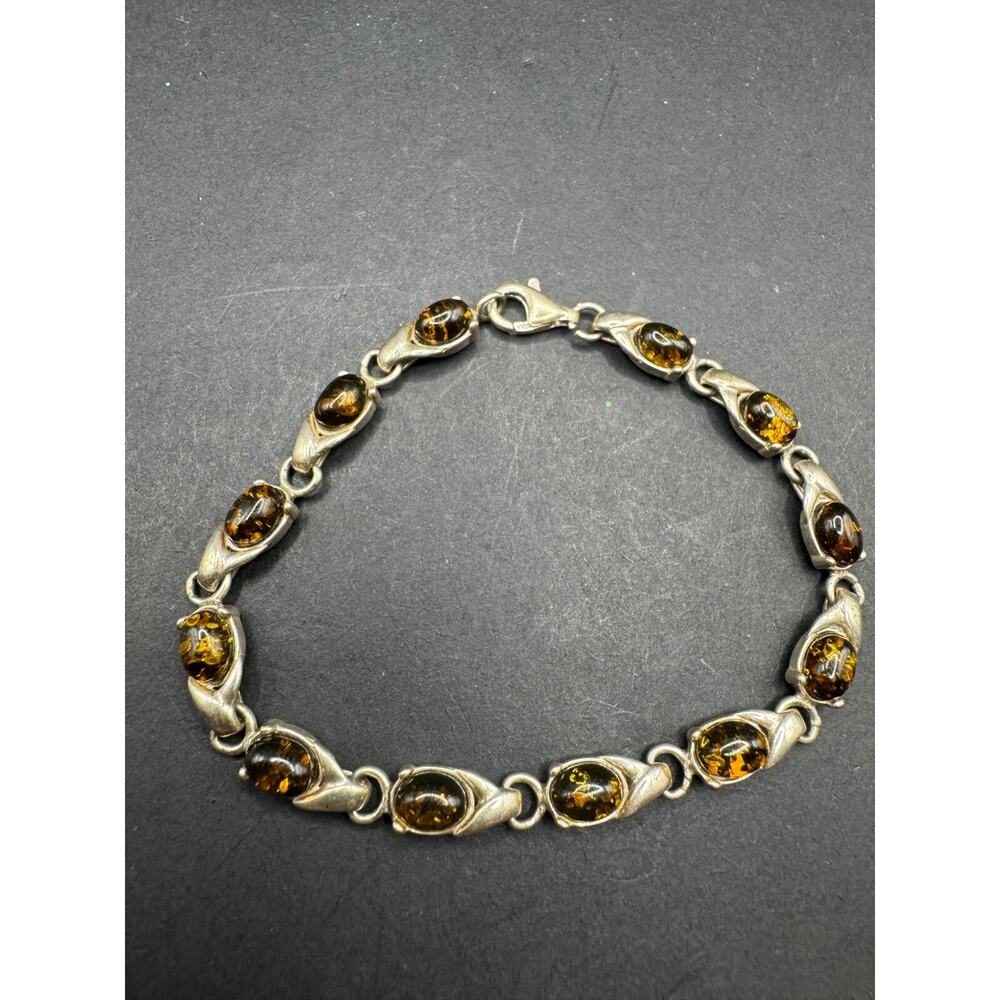 Sterling Silver Amber Link Bracelet - Brown Amber